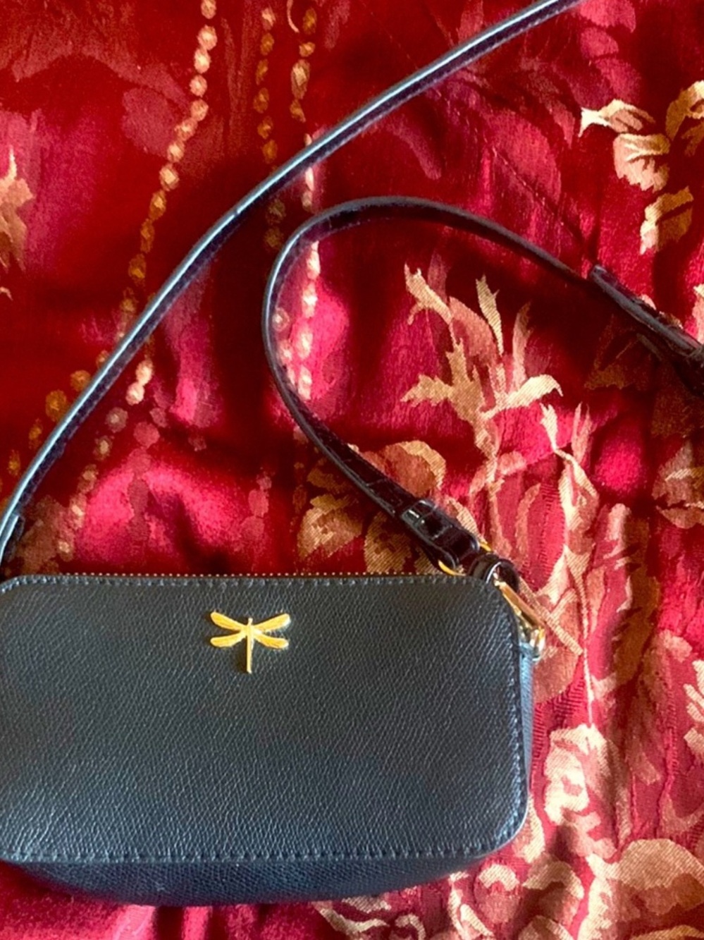 Black Crossbody Wallet with Gold Dragonfly Accent